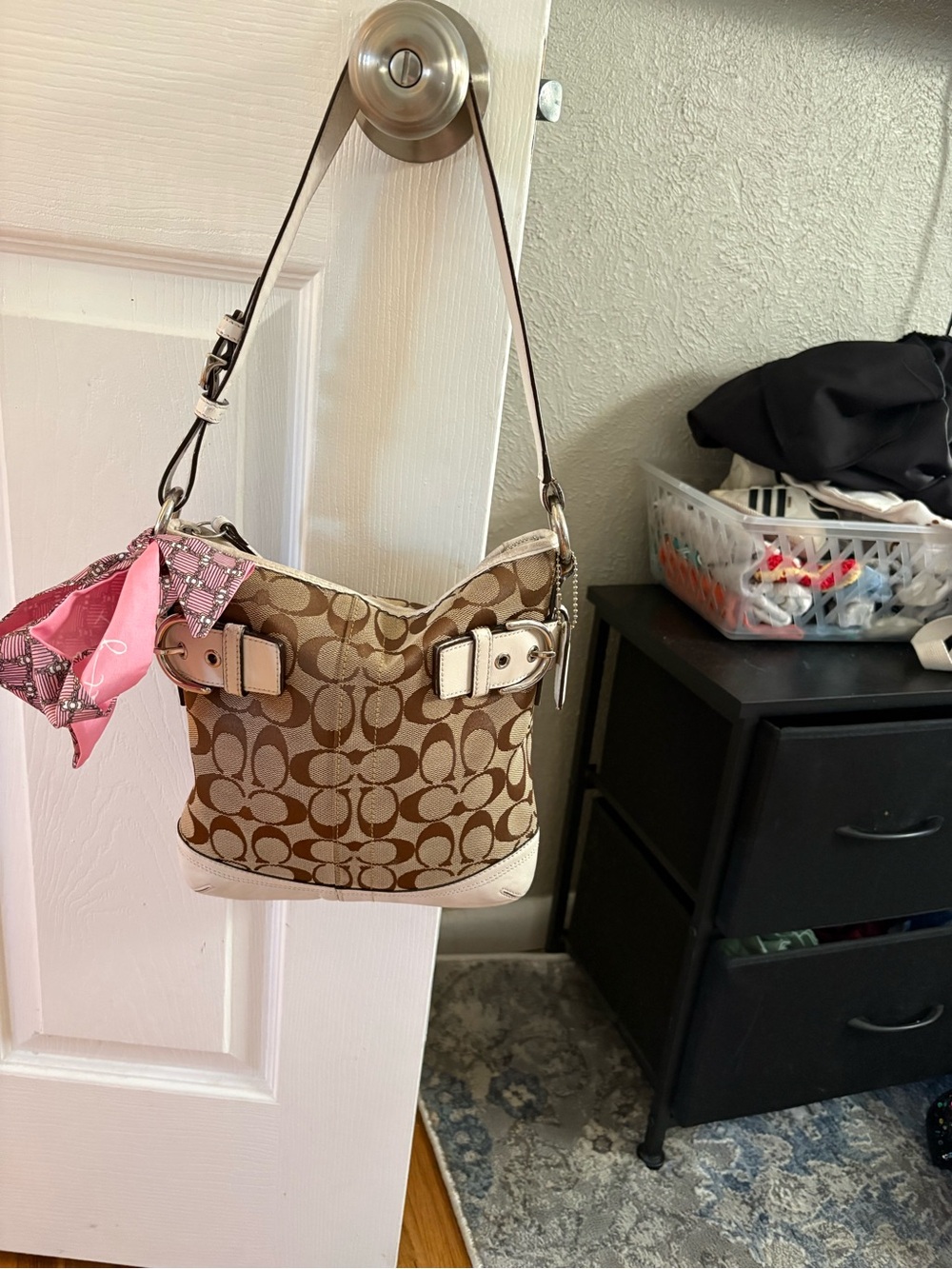 Coach Brown and Cream Signature Hobo with Pink Scarf Accent